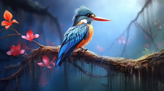Beautiful bird Black backed Kingfisher or Oriental Dwarf Kingfisher perched on branch. digital art, generative ai - Powered by Adobe