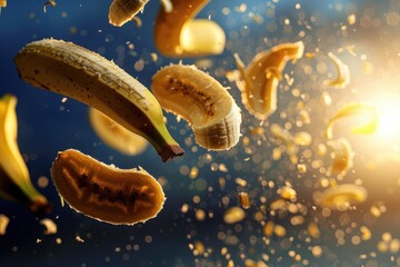 A bunch of bananas in mid-air, suspended by an invisible force