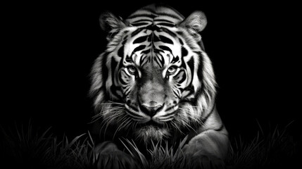 Obraz premium Front view of Tiger isolated on black background. Black and white portrait of tiger. Predator series. digital art, generative ai