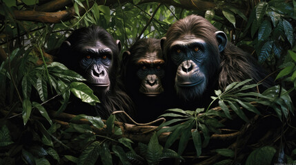 Obraz premium Male and female chimpanzees huddle in the jungle among tropical leaves, generative ai