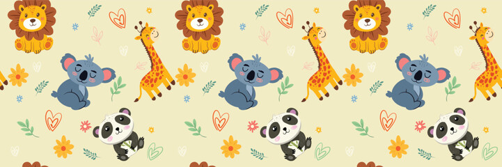 Fototapeta premium animal cute seamless pattern koala giraffe panda flower for textile, posters, cards. Baby animals pattern. Fabric baby design.