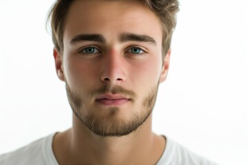 Obraz premium A young man with a beard and blue eyes is smiling at the camera. Concept of confidence and friendliness