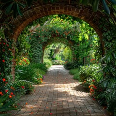 Obraz premium Enchanting garden pathway with archways covered in lush greenery and vibrant flowers, creating a serene and picturesque scene.