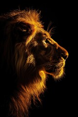 Close-up shot of a lion's face in a dark environment