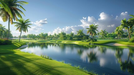 Obraz premium Scenic View of a Tropical Green Golf Course with Palm Trees and Reflective Water Hazards Under a Bright Blue Sky