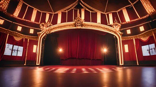 Atmospheric view of an empty circus stage with dramatic lighting and festive decor