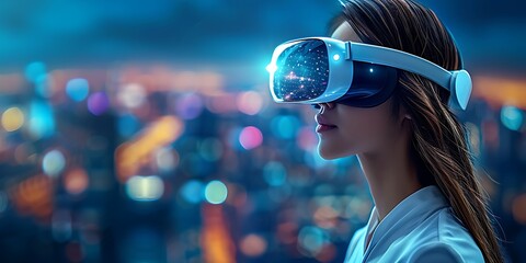 Young woman wearing virtual reality goggles against night cityscape background 3D rendering