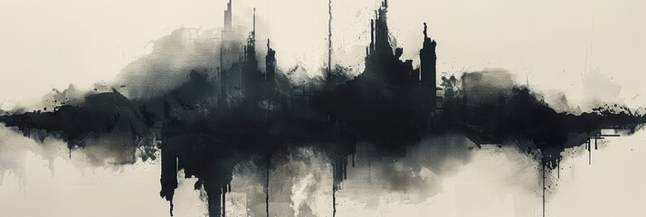 Obraz premium Abstract black and white painting with dripping effects, grunge style, evoking a dark and moody atmosphere