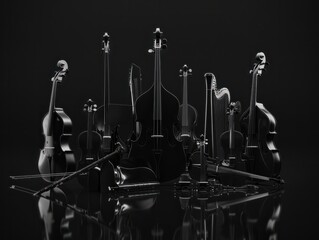 composition of symphony orchestra instruments, only silhouettes are visible, black background