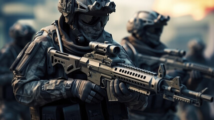 Elite special Operation military soldiers equipped with battle armor and a advanced assault rifle. 3d rendering, generative ai