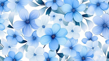 Fototapeta premium Seamless floral pattern. Blue flowers, and leaves. Seamless background for wrappers, fabrics, wallpapers, postcards, greeting cards, wedding invitations, banners, 3d rendering, generative ai