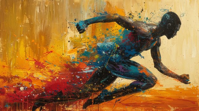 Abstract painting of a strong black athlete running amidst colorful splashes, radiating speed, power, and determination, symbolizing success and inspiration