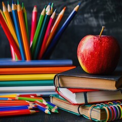 Pencils and stationery, a bouquet of flowers, a school snack on the blackboard background. Back to school. The beginning of the school year.