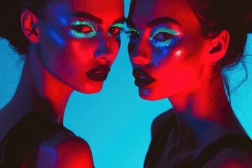 Two women with vibrant neon makeup posing in front of a bright blue background