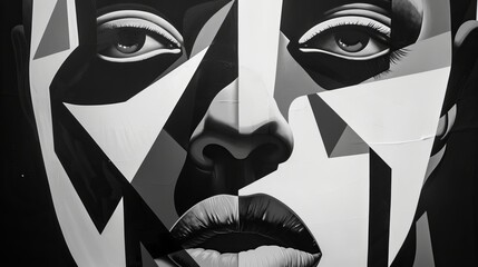 Captivating street art portrait of a woman's face with bold geometric shapes in black and white