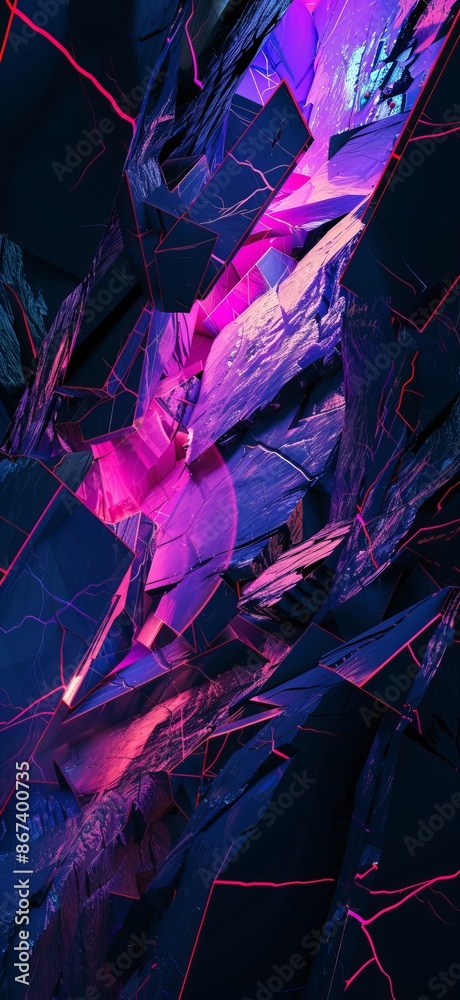 Poster Digital 3D rendering of a chaotic structure with sharp edges in purple and pink tones, highlighted with dynamic red lines