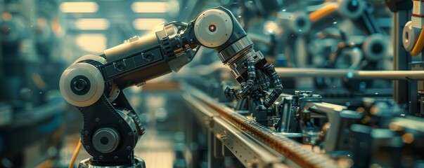 A robot arm assembling a complex piece of machinery, its movements precise and efficient.