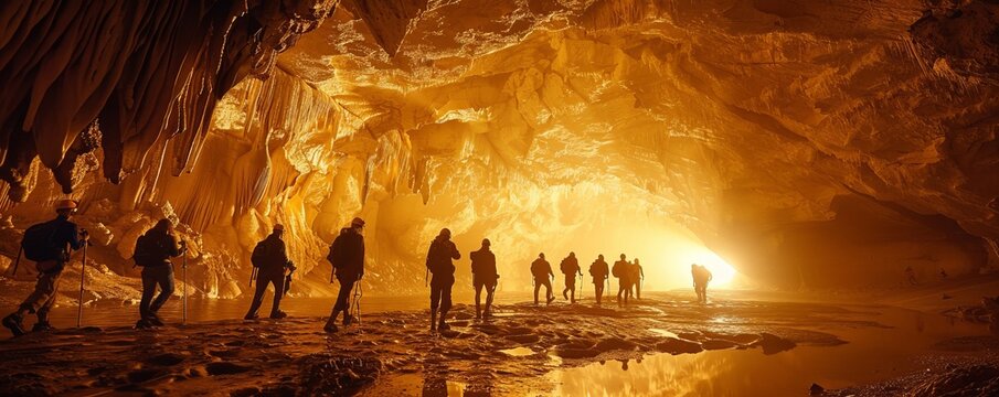 A group of friends embarking on a spelunking adventure through a labyrinthine cave system, exploring underground wonders.