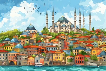 Obraz premium Artistic image of Istanbul with mosque, Storybook Illustration