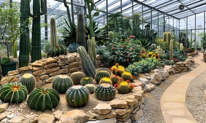 Scenic panorama of various cacti and succulents in a lush botanic garden, perfect for travel brochures, horticultural magazines, and gardening blogs