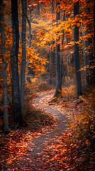 Serene Autumn Forest Pathway: A Tranquil Nature Scene Highlighting the Beauty of Changing Seasons in a Dense Woodland