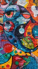 Obraz premium Vibrant street art covering a brick wall. Showcasing a cartoon-like design with bold colors and abstract shapes. This urban artwork adds a touch of creativity and visual interest to the public space