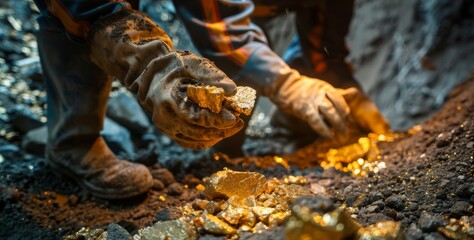 Gold miners working in a deep mine with golden nuggets in hand