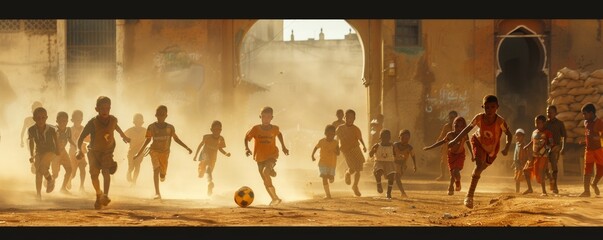 A group of children playing soccer in a dusty village square.