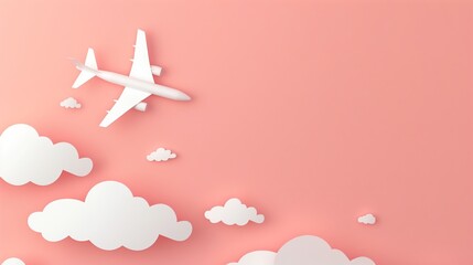 Fototapeta premium Minimalist aircraft flying in the sky over fluffy clouds on pastel pink background. Modern digital illustration. Great for travel, tourism, or aviation themes. Vibrant and clean design. AI