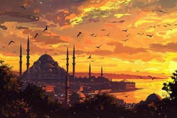 Obraz premium Landscape at the sunset of Istanbul, Turkey - mosque, bosphorus, Storybook style