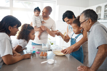 People, family and learning in kitchen for baking, development and bonding for motor skills. Children, grandparents and playful in home, teaching and growth with happiness, joy and creative ability