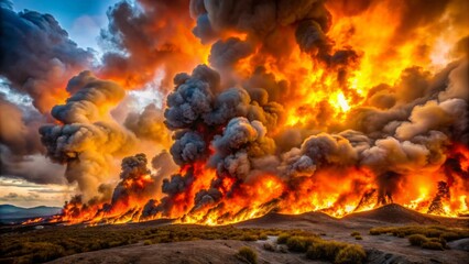 A blazing inferno of orange and yellow flames engulfing a charred, smoldering landscape with smoke billowing into the dark sky.