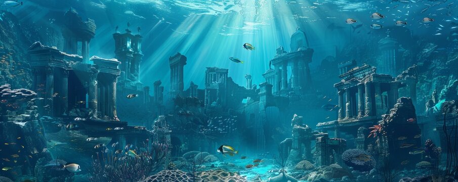 An underwater world where fish of various shapes and sizes swim around sunken ships and ruins of ancient cities.