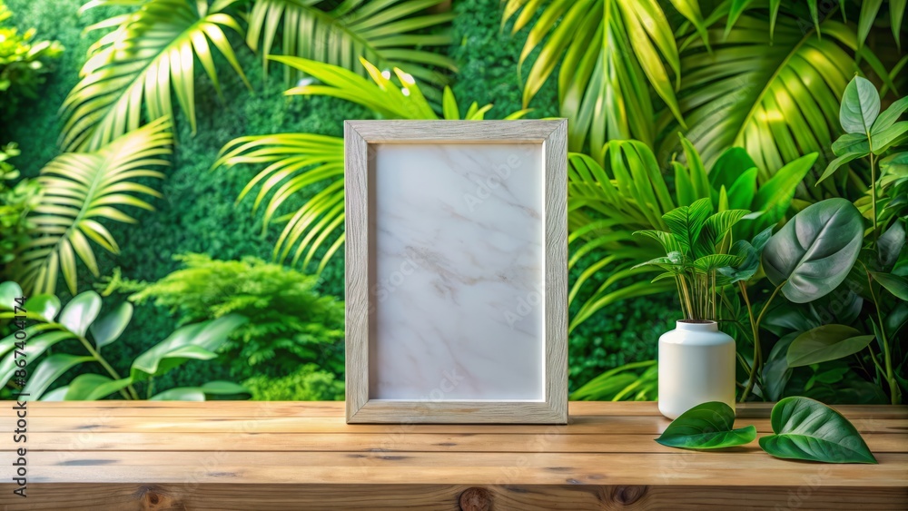 Wall mural Empty white canvas frame rests on a wooden table against a vibrant green leafy background with marble and white accents surrounding. - Wall murals