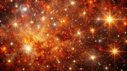 Obraz premium Cosmic, rusty, grainy abstract backdrop featuring dark orange, red, brown, shiny glitter hues with twinkling stars in the vast universe.