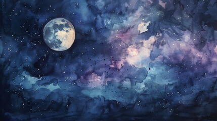 月の浮かぶ夜空の水彩背景