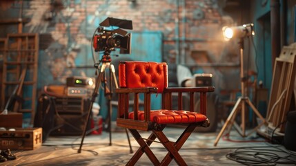 Directors chair in an indie film set surrounded by makeshift equipment and creative props