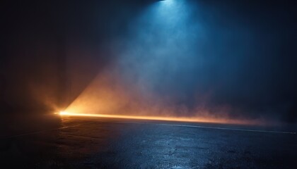 A low-angle shot of four spotlights illuminating a room filled with smoke, creating a mysterious and atmospheric scene