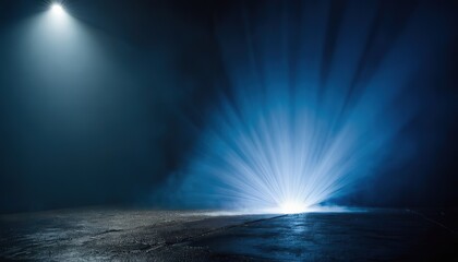 Obraz premium A low-angle shot of four spotlights illuminating a room filled with smoke, creating a mysterious and atmospheric scene