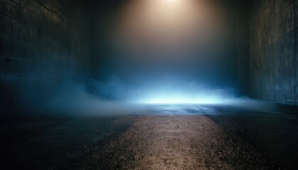 A low-angle shot of four spotlights illuminating a room filled with smoke, creating a mysterious and atmospheric scene