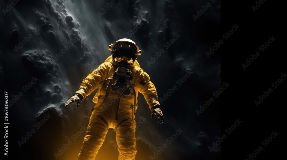 Wall mural astronaut in yellow suit isolated on black. science fiction art. space fantasy image with astronaut 