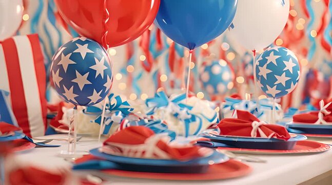 dining table set with red, white, and blue plates, napkins, and centerpieces, with balloons and streamers in the background, perfect for a patriotic themed gathering, Patriotism, Fourth of July, Ballo