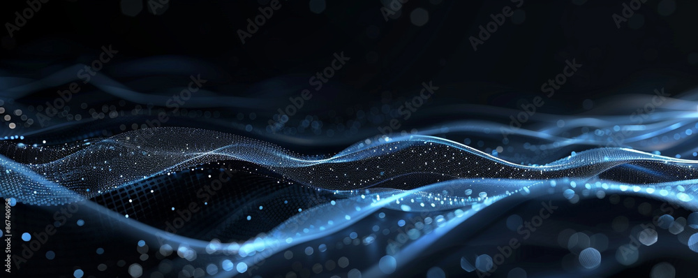 Poster wave line of moving particles over a dark, abstract vector background with a fluid array of shiny, c