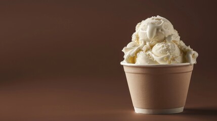 Close up horizontal photo of a cup of ice cream on brown background