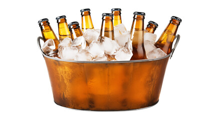 bucket of beer bottle with ice cubes isolated on transparent white background, clipping path