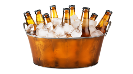 bucket of beer bottle with ice cubes isolated on transparent white background, clipping path