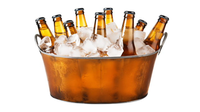 bucket of beer bottle with ice cubes isolated on transparent white background, clipping path