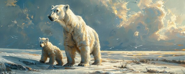 Arctic landscape with polar bear and cubs, icy habitat, maternal care, endangered species.
