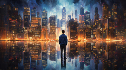 City Lights: A Young Man's Reflection on the Edge of a Skyscraper. Balancing on the Brink, An Ode to the Nightscape of the City's Skyline., generative ai