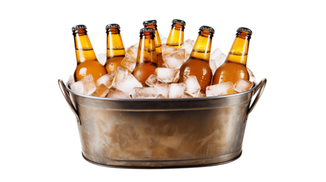 bucket of beer bottle with ice cubes isolated on transparent white background, clipping path